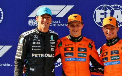 Georges Russell, Oscar Piastri et Lando Norris après la qualification